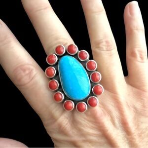Vintage signed Navajo large Turquoise Coral and sterling silver ring